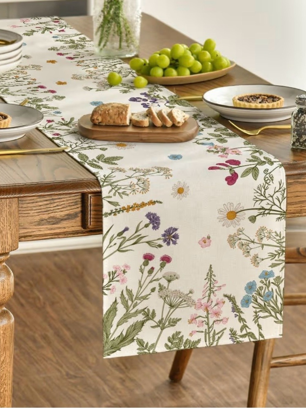 Floral Meadow Table Runner - White with Multicolor Wildflowers